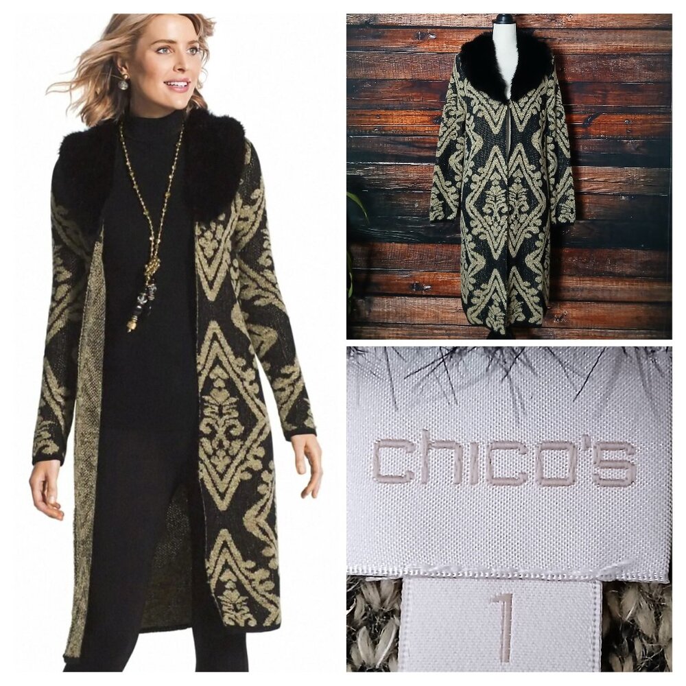 Chicos Sweater Size 1 US M Faux Fur Collar Bohemian Duster Cardigan Metallic